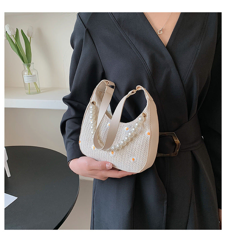 Summer Straw Woven Bag Women's New Trendy French Ins Niche Lace Flower Woven Bag Fashion Shoulder Armpit Bag