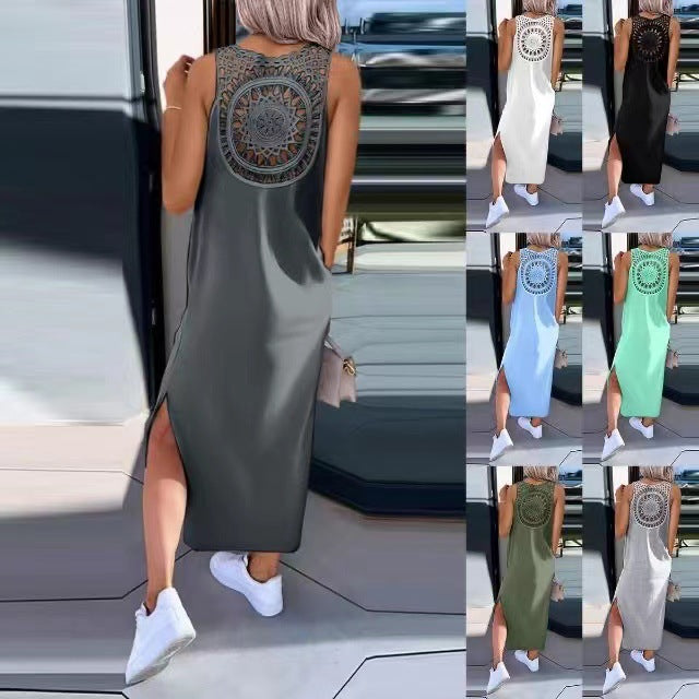 Lace hollow-out strap dress, sleeveless, slit, over-the-knee mid-length dress, summer