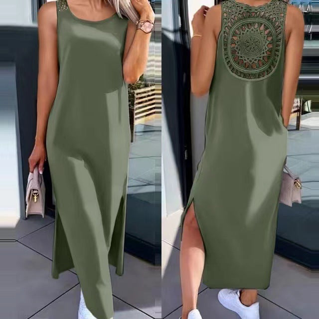 Lace hollow-out strap dress, sleeveless, slit, over-the-knee mid-length dress, summer