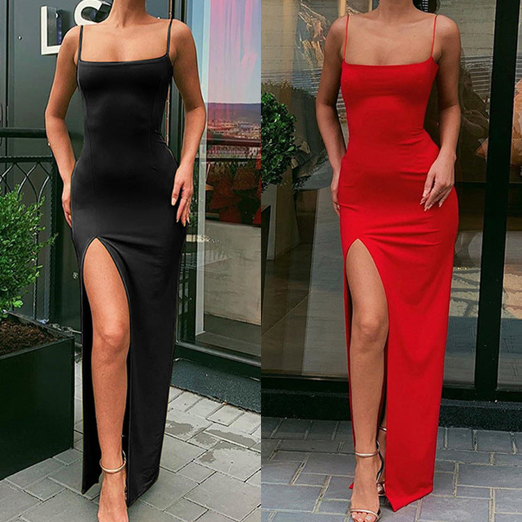 Strap collar slim fit backless sexy slit dress