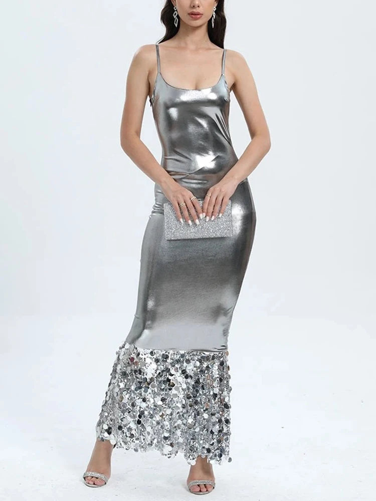 Solid Slimming Sexy Dress For Women Square Collar Sleeveless High Waist Patchwork Sequins Camisole Dresses Female