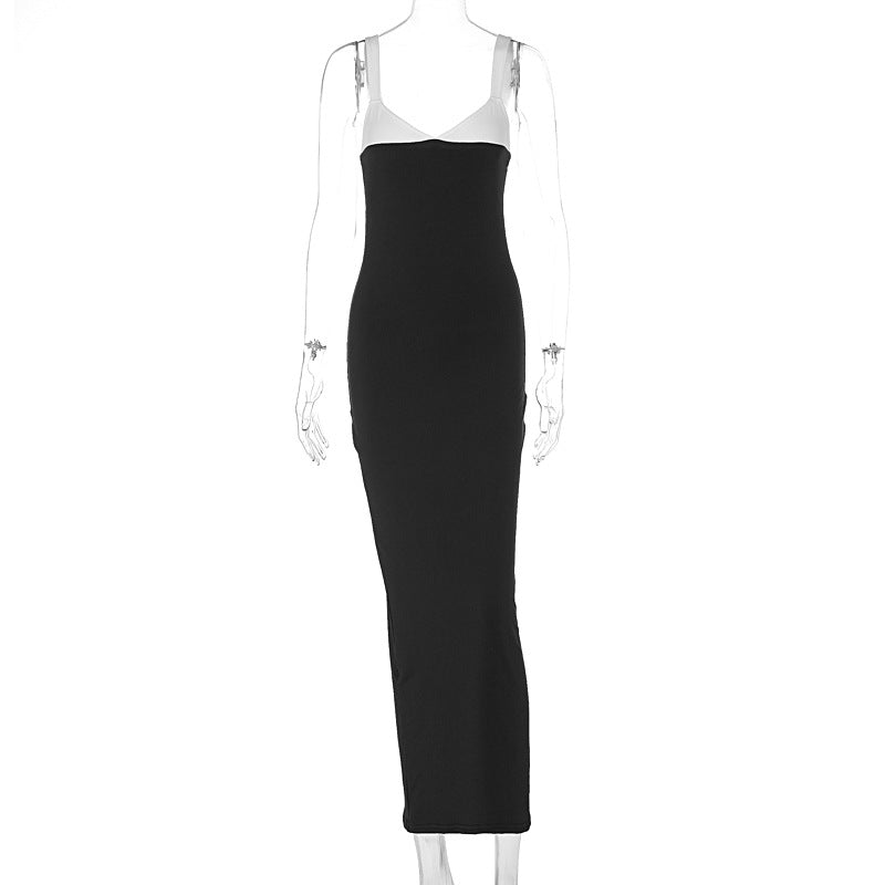 Hip hugging slim fitting patchwork suspender dress