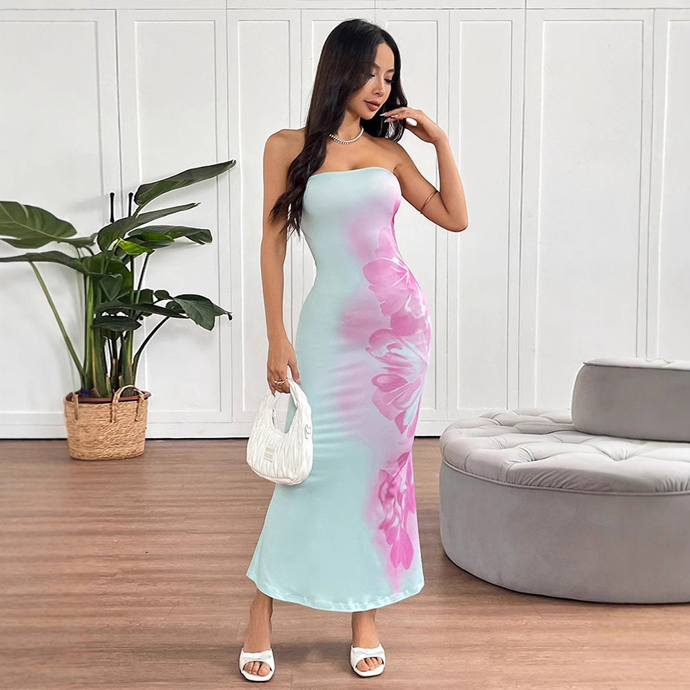 Summer new sexy strapless slim fit contrasting print revealing backpack hip dress