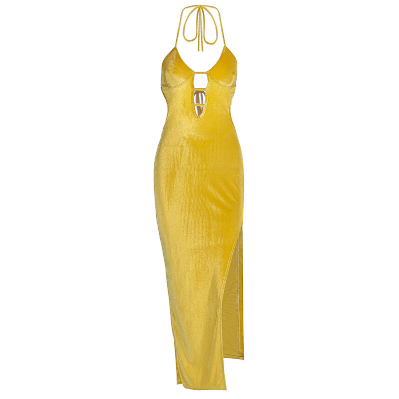 Sleeveless off shoulder hollow suspender slit long skirt