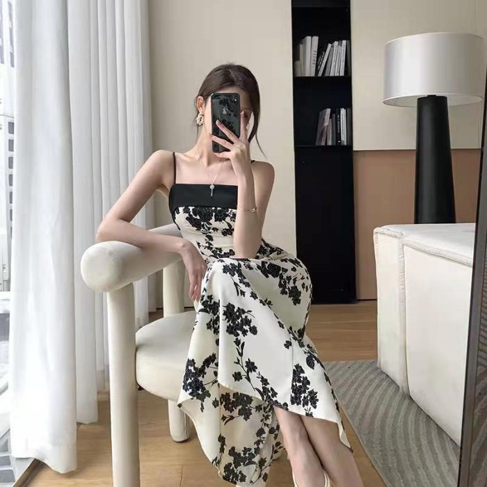 Elegant High-End Floral Strap Dress with Waist-Cinching Design for Women