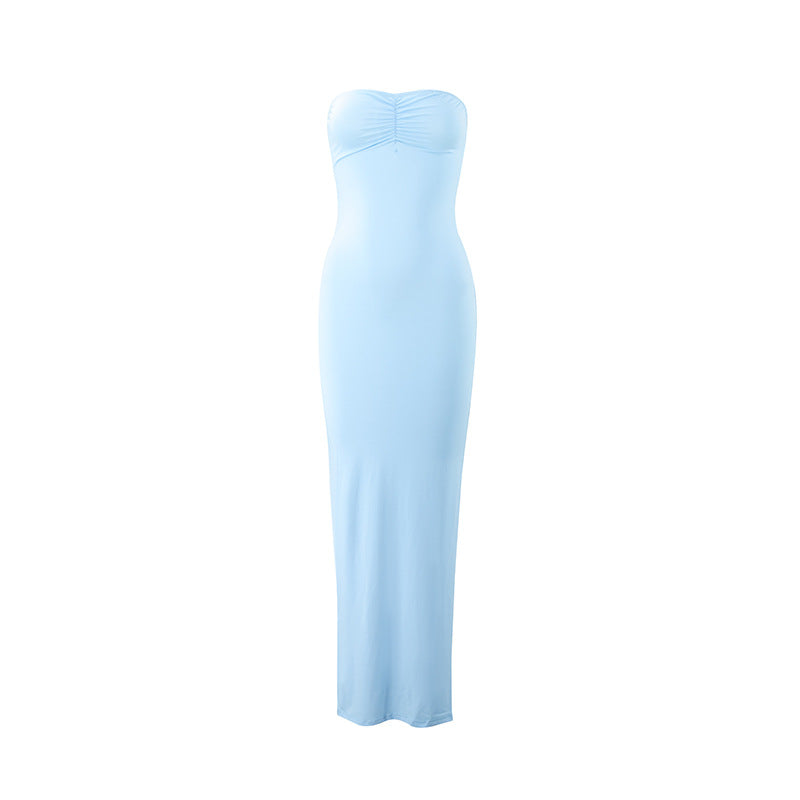 Summer sexy hot girl wrapped chest slim fit side slit long solid color dress