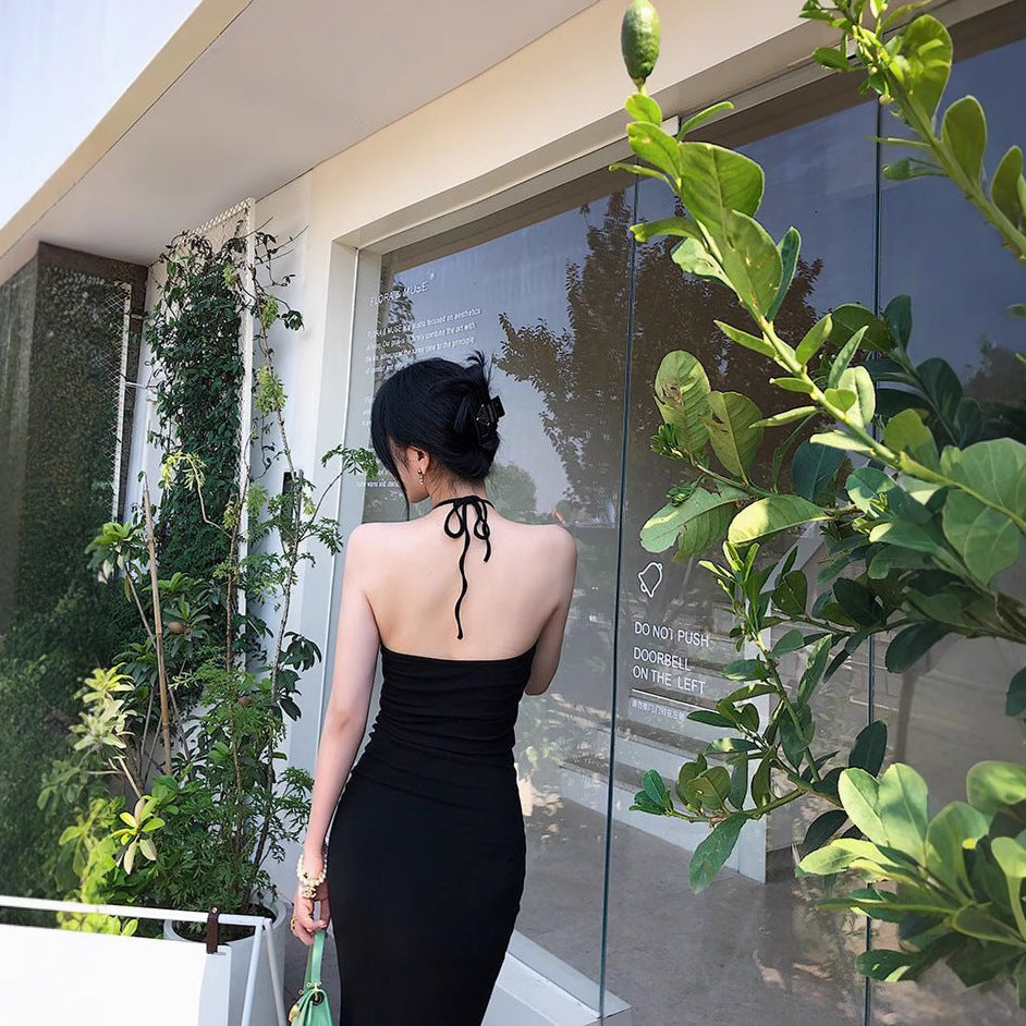 Sexy Off-the-Shoulder Bodycon Dress with Neck Strap and Waist Cinching Design