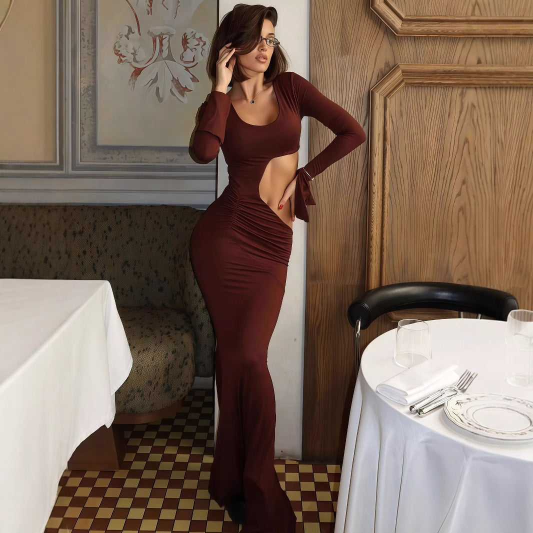 Hollow out slim fit U-neck long sleeved dress