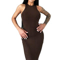 Sleeveless rhinestone round neck elastic dress for women