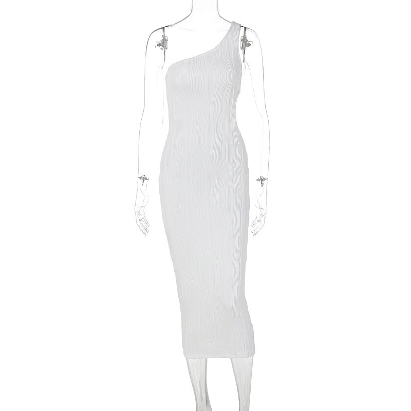 Solid color striped slim fit slanted shoulder hollow out dress