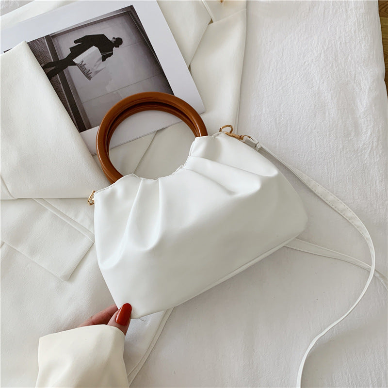 Cloud Bag Messenger Fashion Pleated Small Bag Simple Wooden Handle Handbag  One-Shoulder French Style Small Bag
