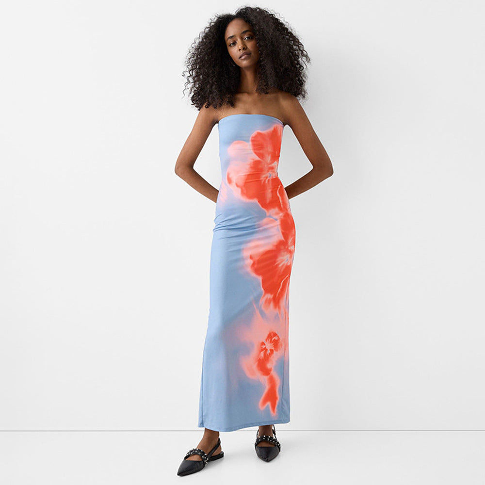Strapless printed bag hip slit dress