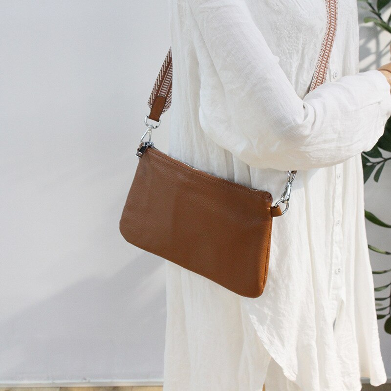 Genuine Leather Small Square Bag Single Shoulder Women's Bag wide Shoulder Strap Simple Retro Messenger Bag