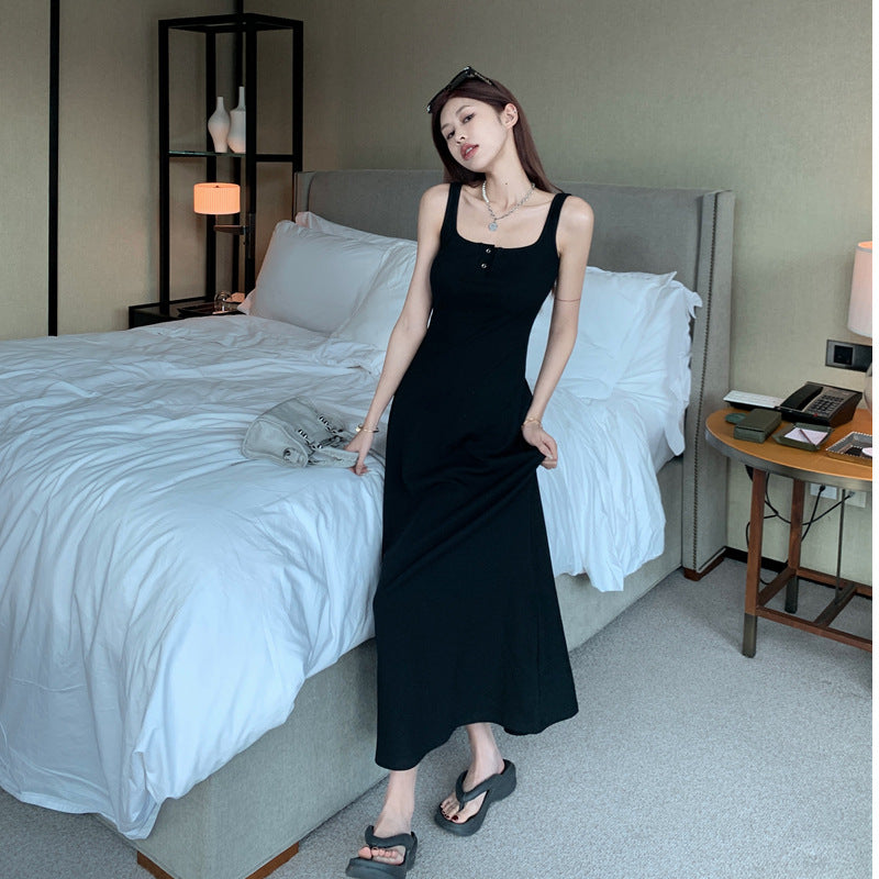 Black Inner Strap Dress for Women, Summer Pure Sensual Style, High-Quality A-Line Long Sleeveless Dress