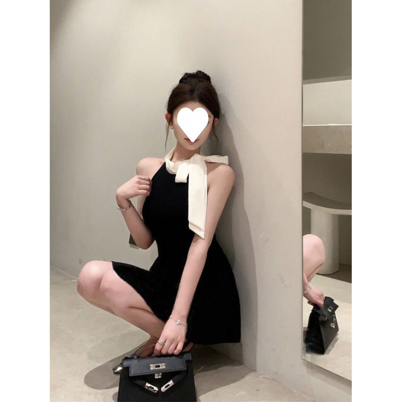 Black Sleeveless Dress Women Super Fairy Temperament Bow Slim Short Skirt Waist-tightening Little Black Dress