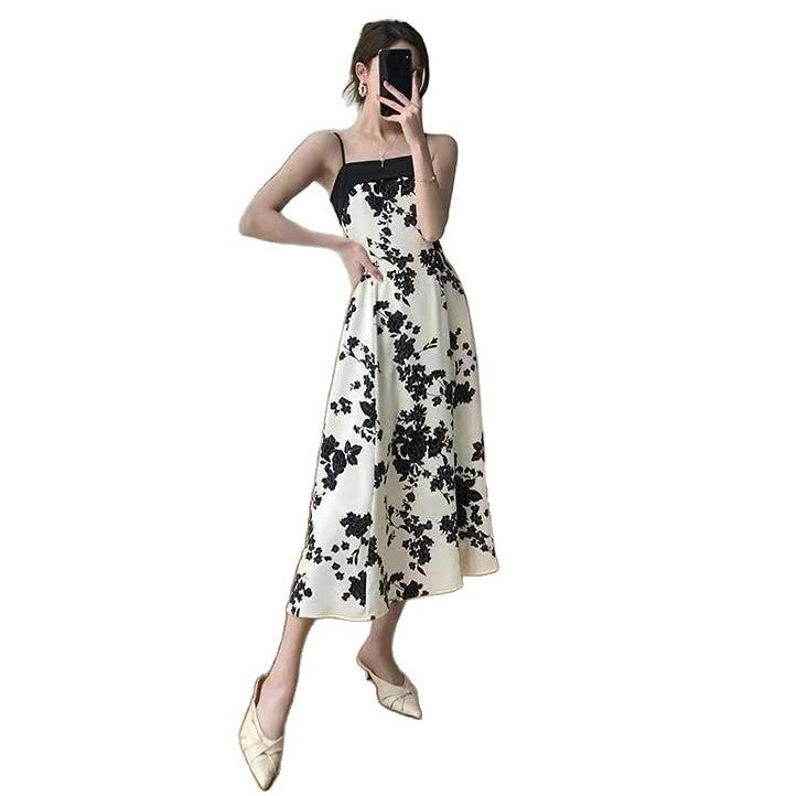 Elegant High-End Floral Strap Dress with Waist-Cinching Design for Women