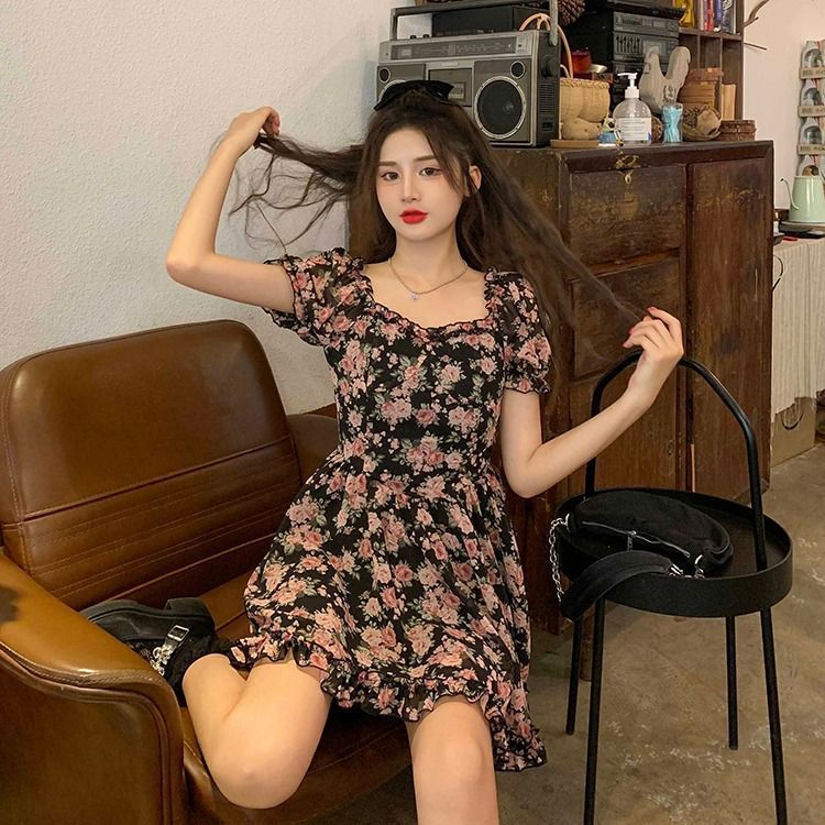 Sexy Rose Floral Print Dress with Bubble Sleeves and High Waist for Women Summer Sheer Chiffon Short Skirt