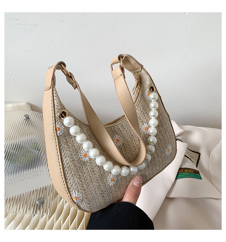 Summer Straw Woven Bag Women's New Trendy French Ins Niche Lace Flower Woven Bag Fashion Shoulder Armpit Bag