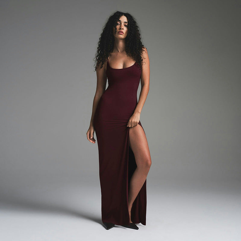 Women's Autumn and Winter Sexy Strapless Solid Color Backless Waist-cinching Slit Fitted Dress