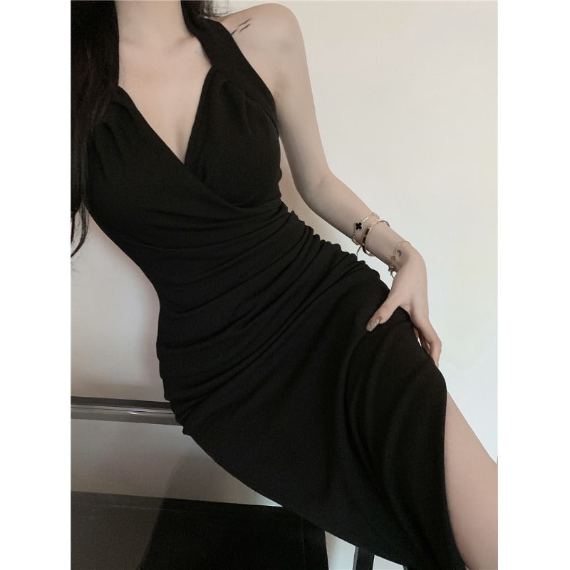 Pure and Sexy Halter Neck Strap Dress for Women, High-End Charm Long Length Waist-Cinching Slit Bodycon Dress