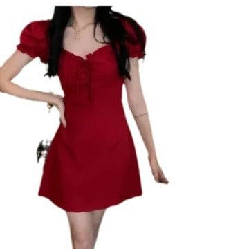 Square Neck Bubble Sleeve Dress Women's Design Waist Slimming Red A-line Short Skirt