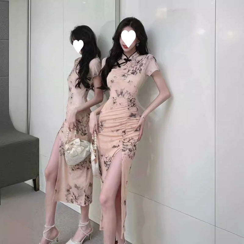 Style Printed Improved Cheongsam High Slit Daily Pencil Pleated Waist Mid-Length Dress