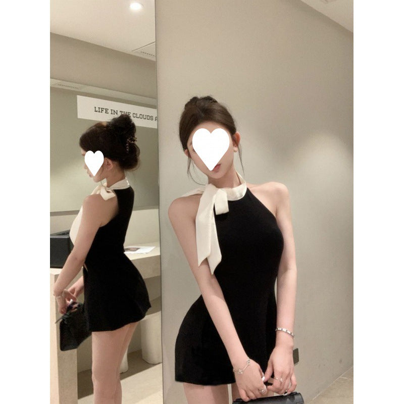 Black Sleeveless Dress Women Super Fairy Temperament Bow Slim Short Skirt Waist-tightening Little Black Dress