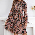 Ethnic Style Vintage Printed Shirt Dress with Belt, Slim Fit, Elegant Puff Sleeve Dress for Women