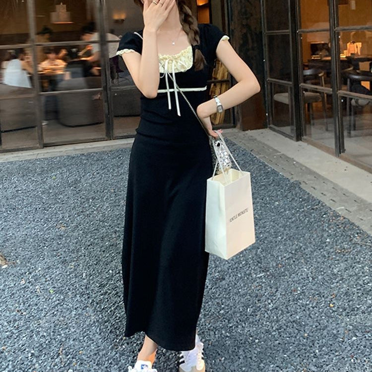 Elegant Lace Spliced Color-Block Tie-Up Dress for Women