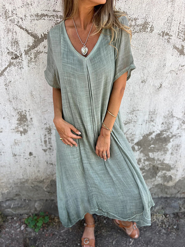 Fashionable cotton and linen V-neck semi formal dress