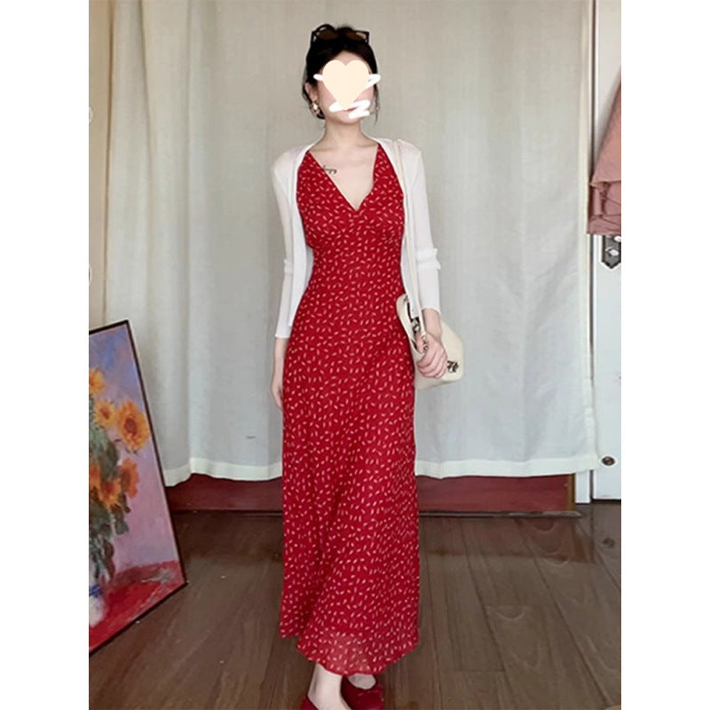 Chic Red V-Neck Floral Sleeveless Dress for Women Elegant Long Dress