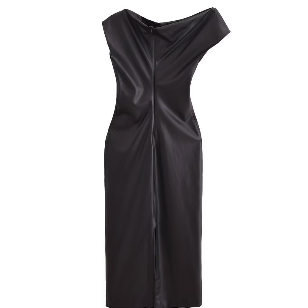 Asymmetric dress, long skirt, temperament, slim fit, hip hugging, faux leather pleated dress