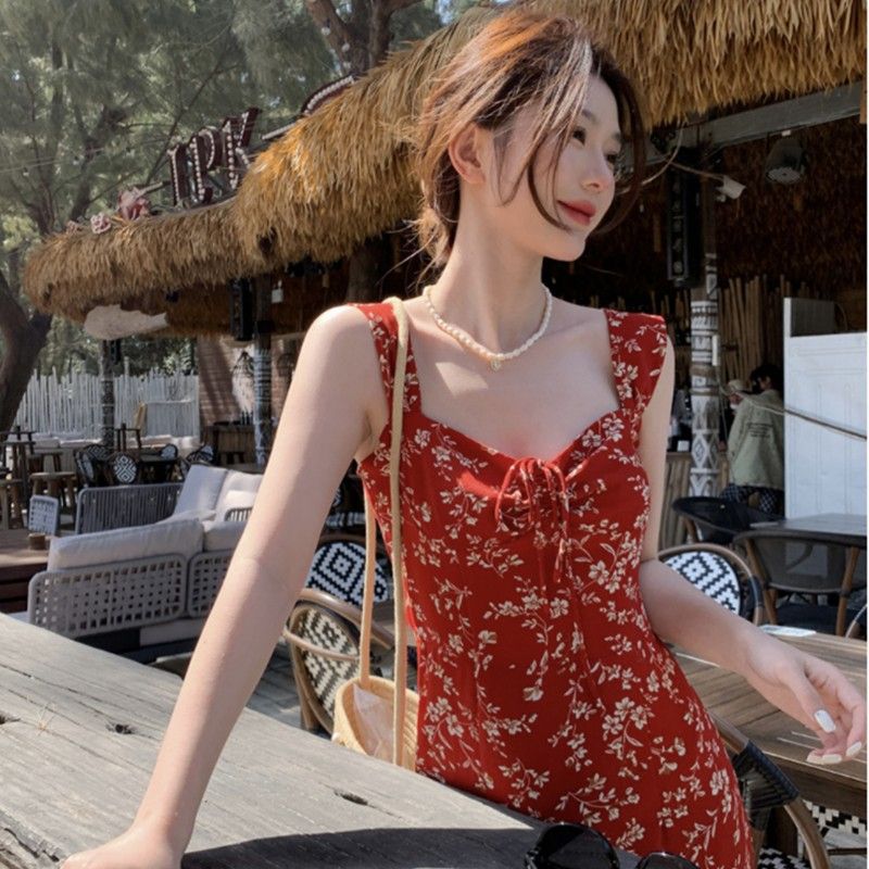 French Style Red Floral Strap Dress for WomenNew Arrival, Casual Long Dress