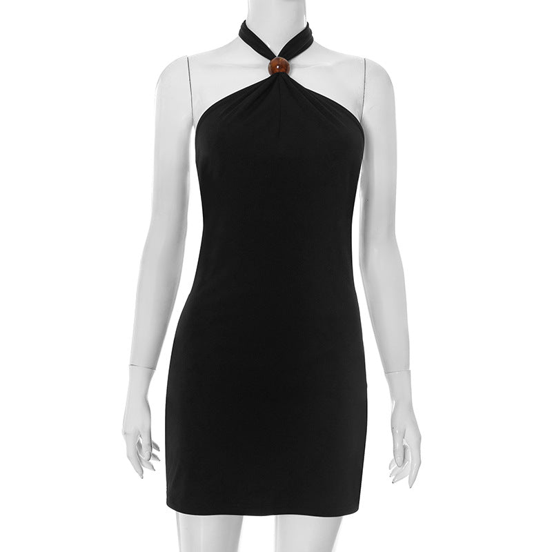 Sexy Halter Neck Off-Shoulder Backless Solid Color Dress for Women