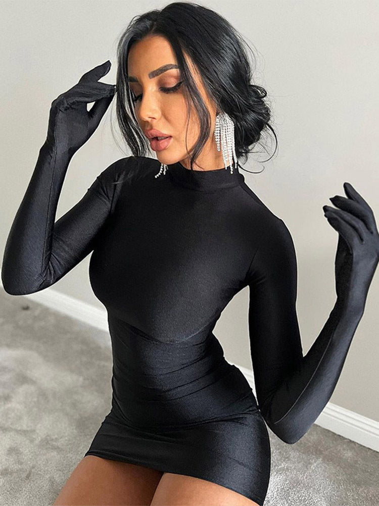 Sexy Fitted Round Neck Long Sleeve Dress with Gloves