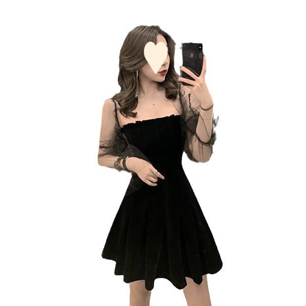 Black Dress Women Long Sleeve Nightclub Sexy Fairy Waist Slimming One-Shoulder Fairy Dress