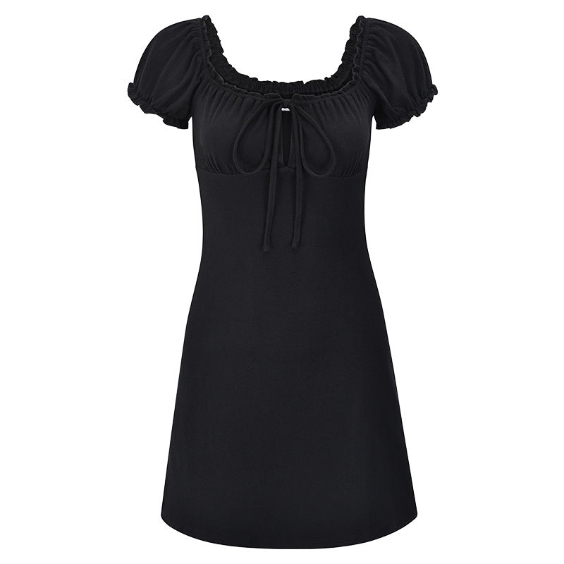 Retro Chest Hollow-out Tied Bubble Sleeve Black Dress Women's Square Neck Ruffle Waist-tightening Short Skirt
