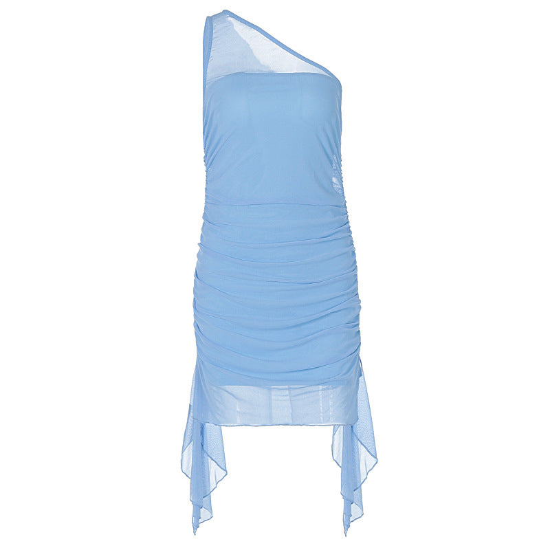 Slanted shoulder mesh wrapped buttocks sexy slim fit sleeveless dress