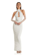 Fashionable white neck hanging, backless, tight fitting flower decoration, long bandage wrapped hip dress