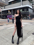 Chic Asymmetrical Shoulder Bodycon Tank Dress for Women Elastic Slim-FittingSexyTrendy Mini Dress