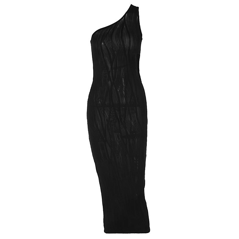Solid color striped slim fit slanted shoulder hollow out dress