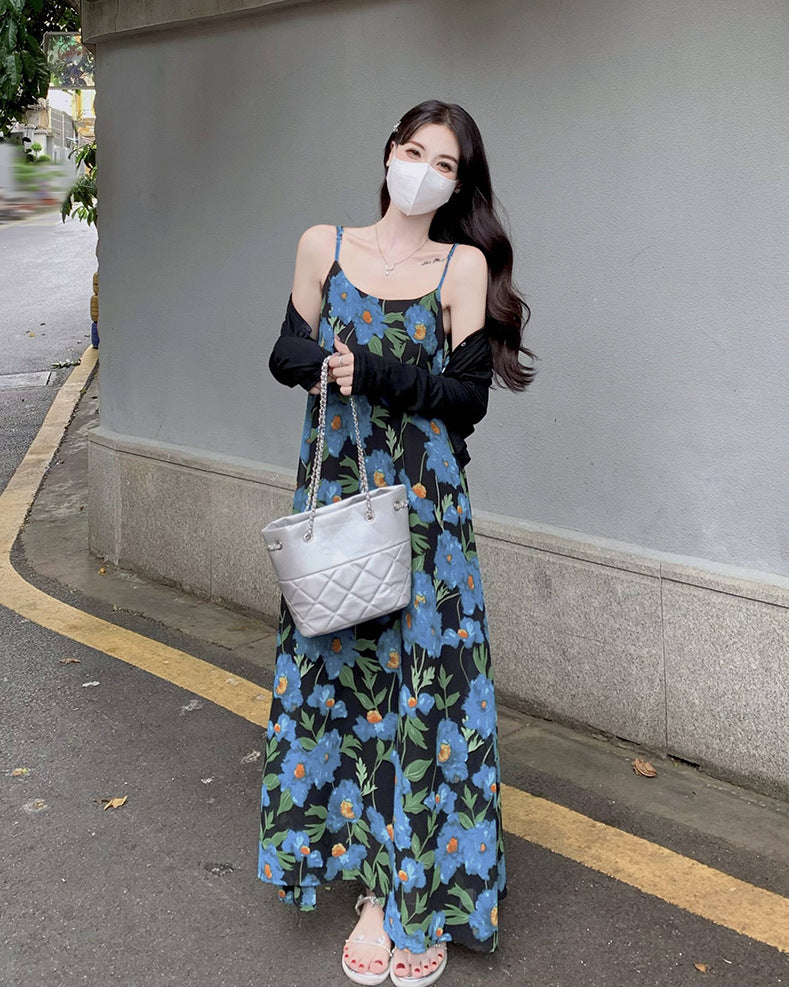 French Style Beach Vacation Long Dress High-Quality Blue Floral Sleeveless Strapless Dress Summer Women