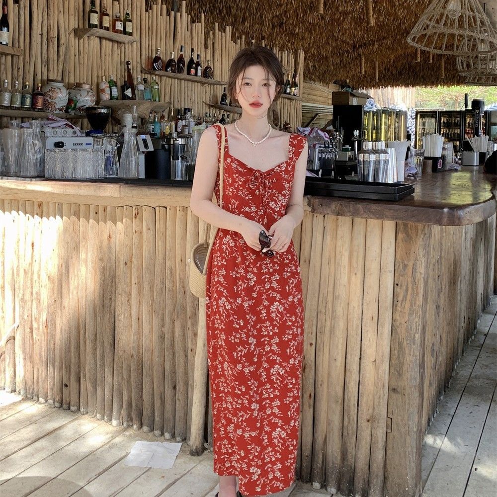 French Style Red Floral Strap Dress for WomenNew Arrival, Casual Long Dress