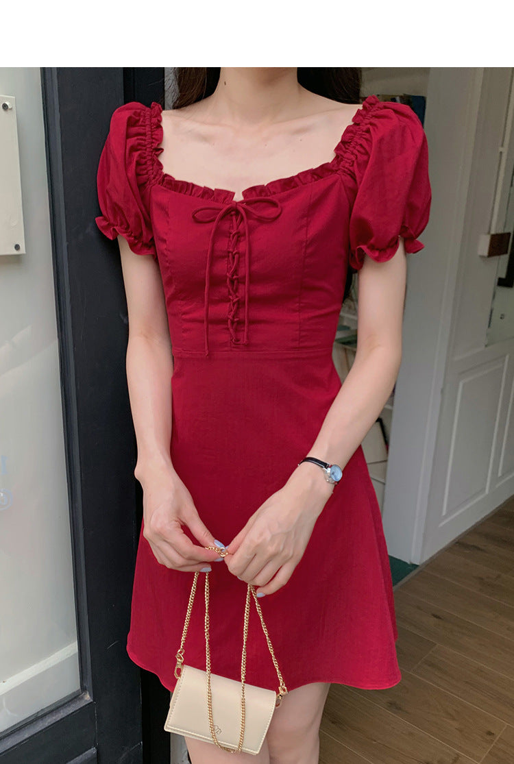 Square Neck Bubble Sleeve Dress Women's Design Waist Slimming Red A-line Short Skirt