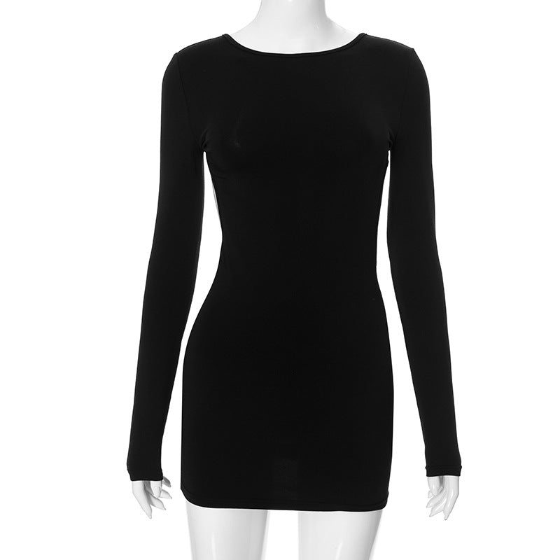 Solid color long sleeved sexy backless slim fit waist hugging short dress