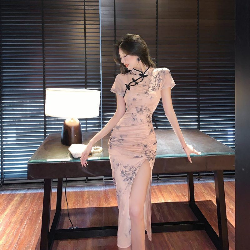 Style Printed Improved Cheongsam High Slit Daily Pencil Pleated Waist Mid-Length Dress