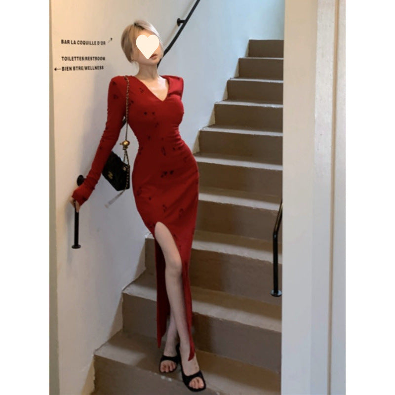 Pure Desire V-neck Vintage Printed Dress,Sexy Mature Look, Fitted Slit Bodycon Long Dress