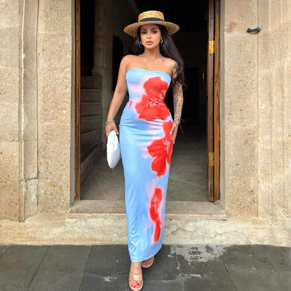 Strapless printed bag hip slit dress