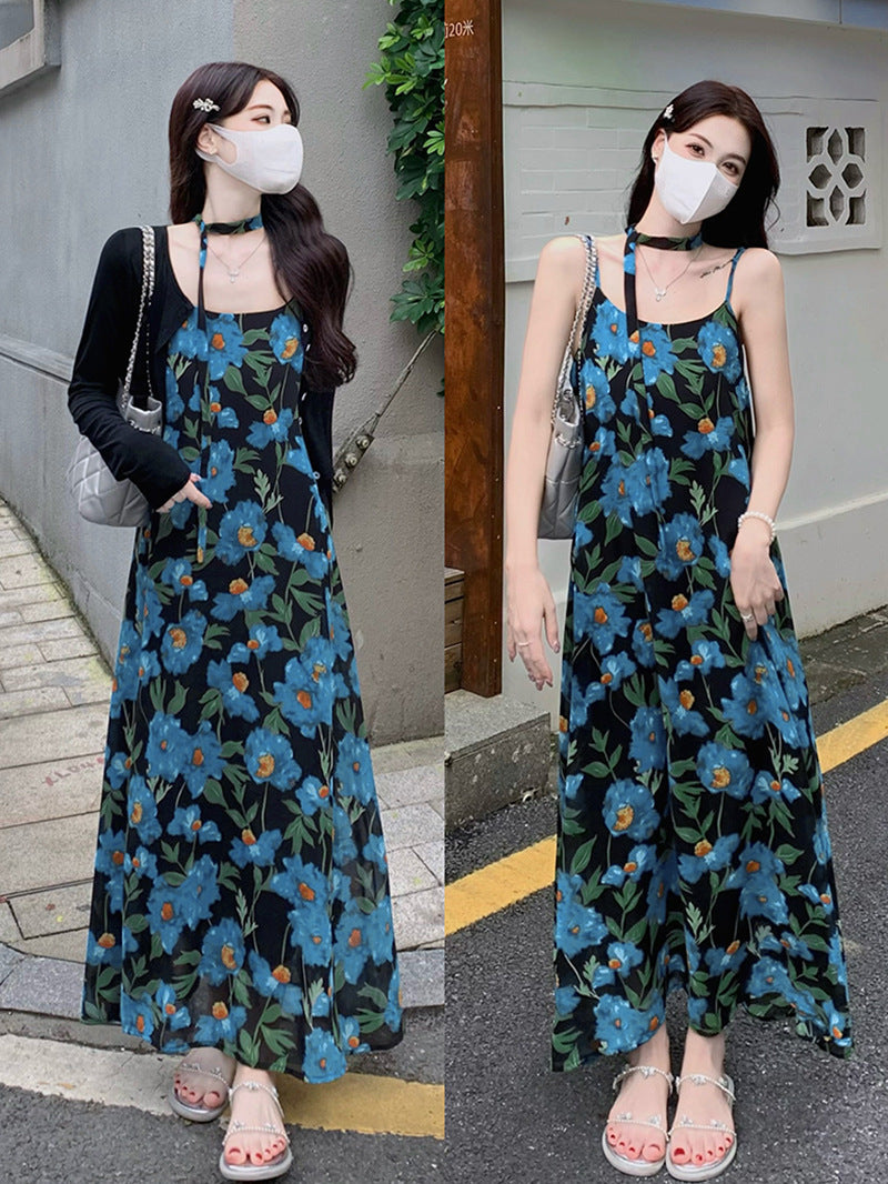 French Style Beach Vacation Long Dress High-Quality Blue Floral Sleeveless Strapless Dress Summer Women