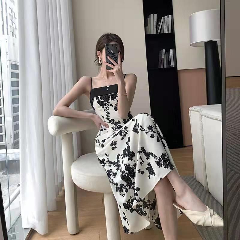Elegant High-End Floral Strap Dress with Waist-Cinching Design for Women